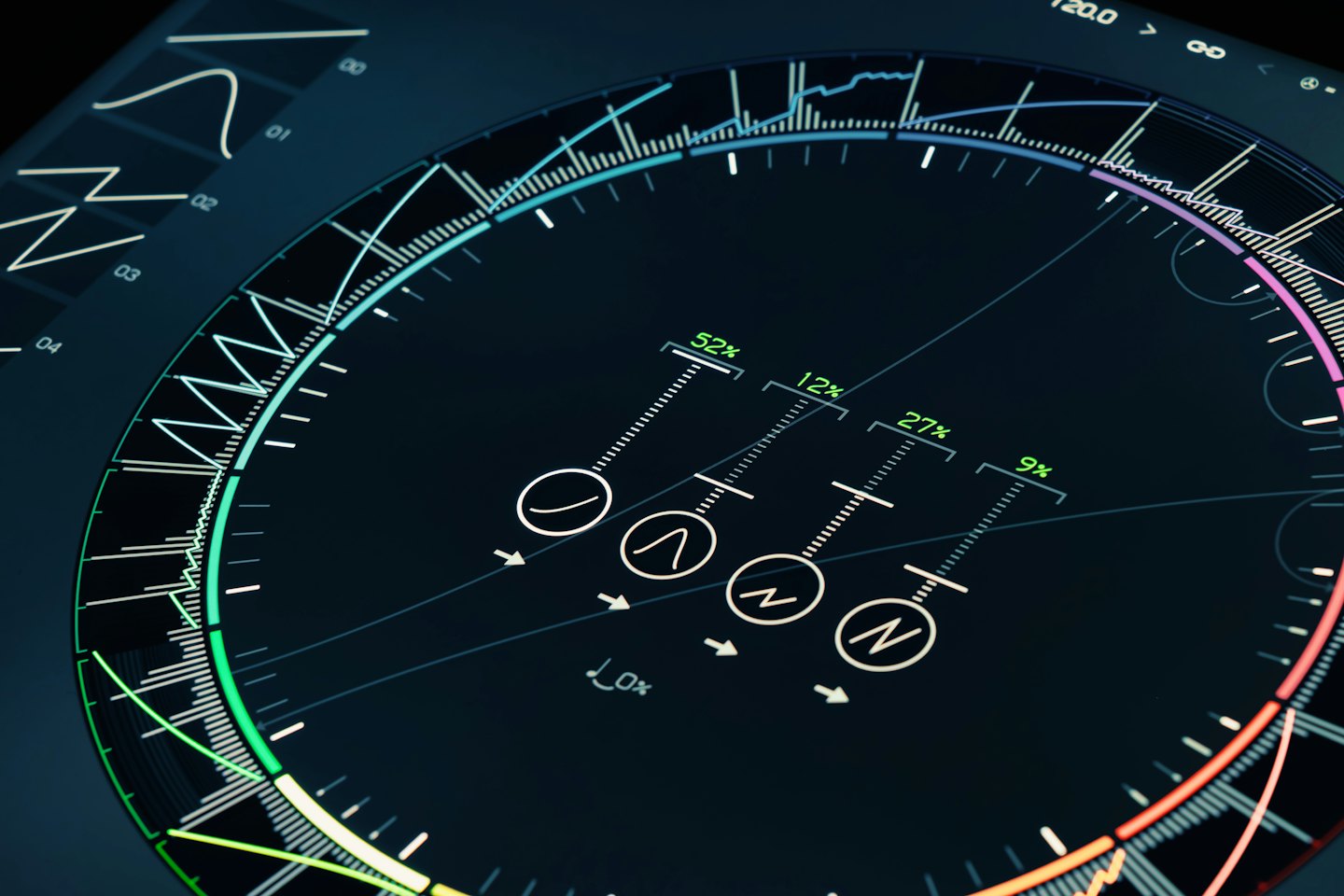 Interfaz digital futurista que muestra visualizaciones de datos y gráficos.